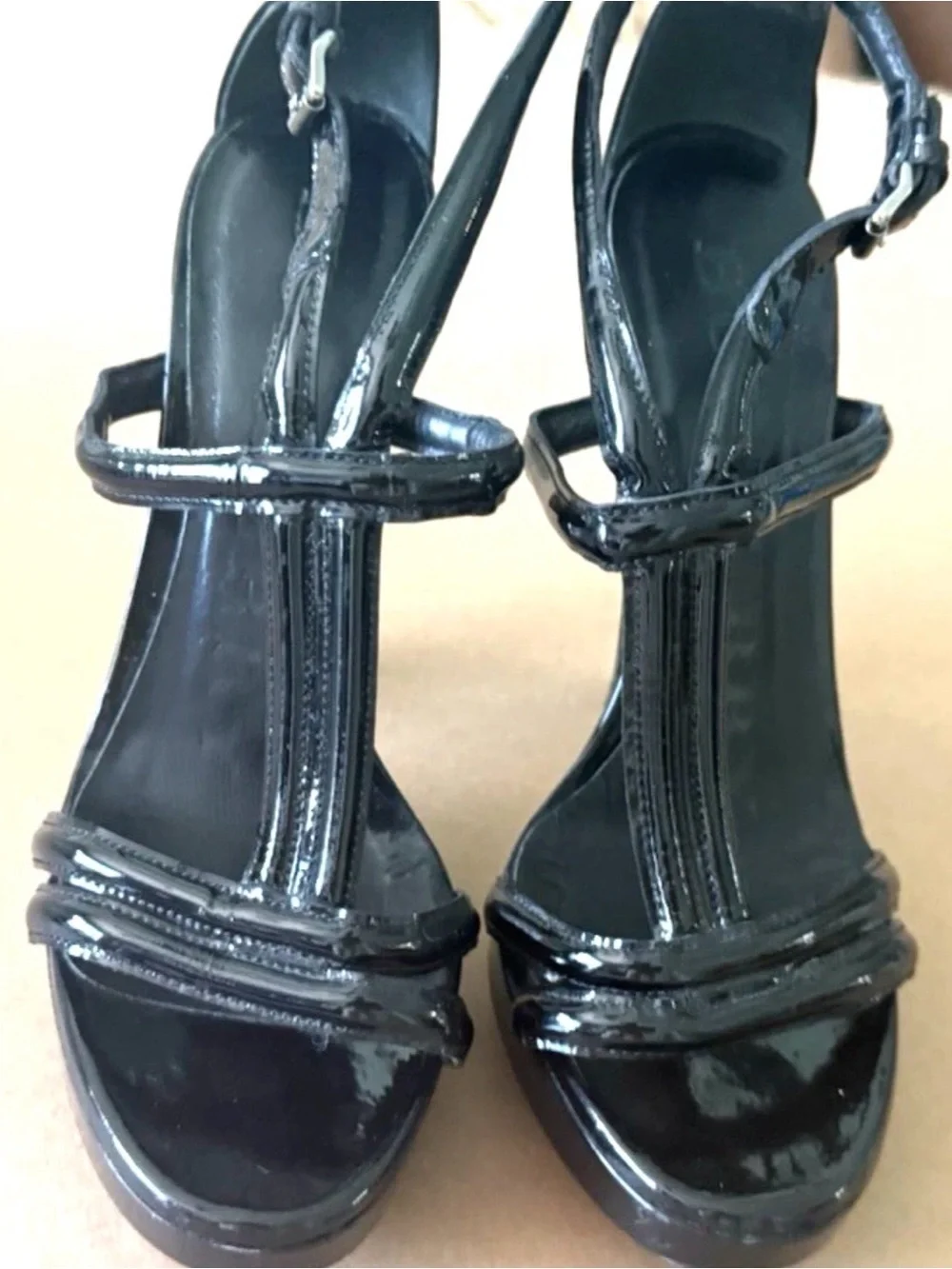 BURBERRY GLOSSY PLATFORM PUMPS HEELS SANDALS Sz 38.5 US 8.5 Black Made In Italy